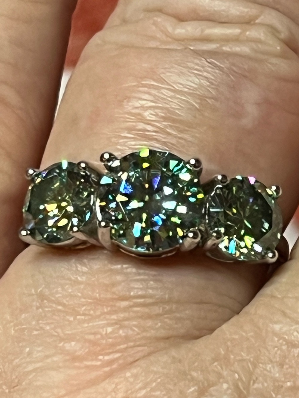 Fiery/Stunning 3-Stone Magical Green Moissanite Ring in 925 SS Sz8